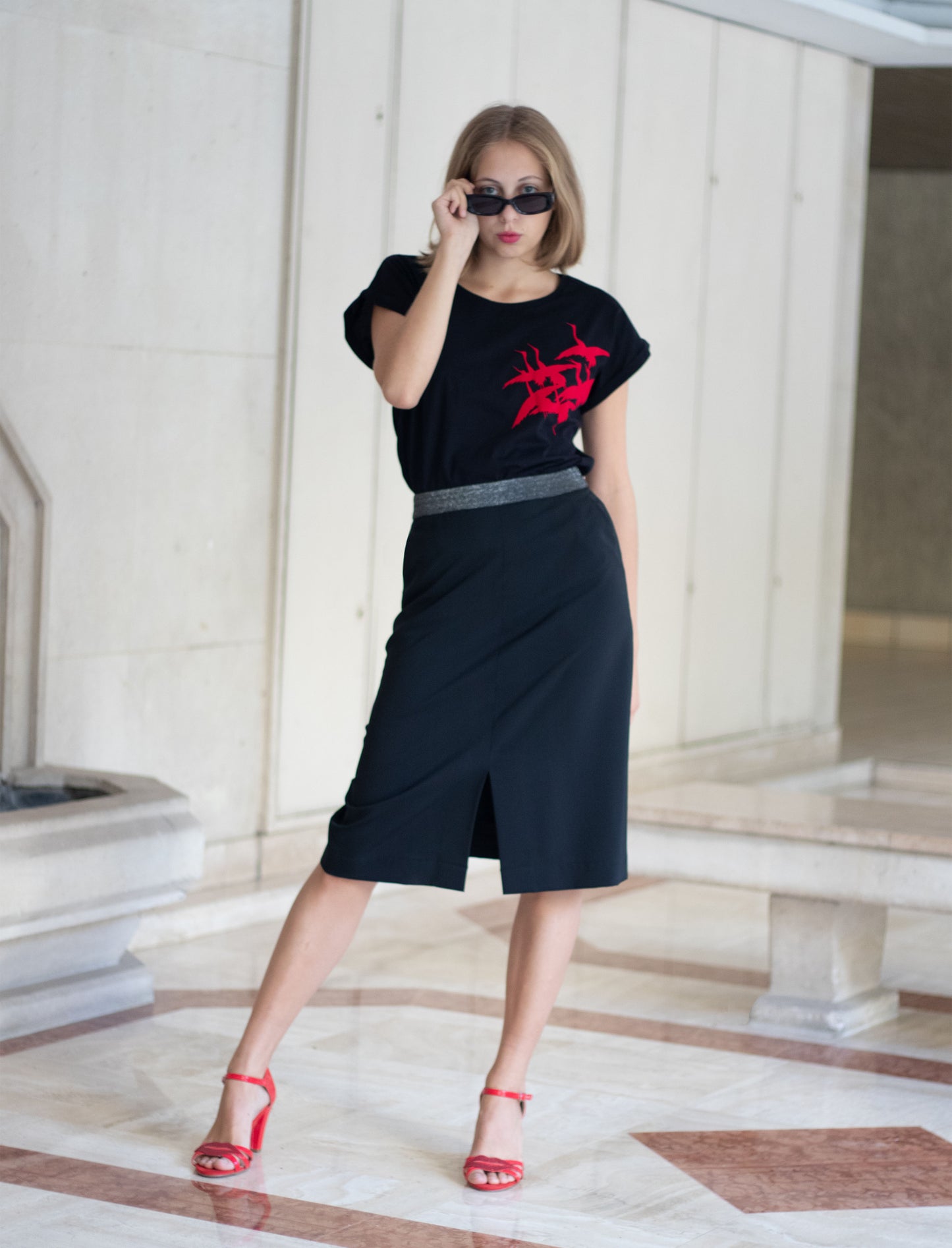 Top cigogne noir et rouge