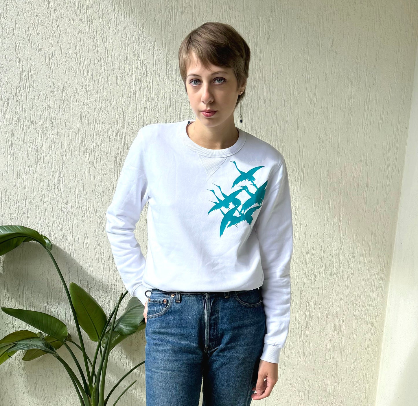 Sweat Bird blanc et turquoise